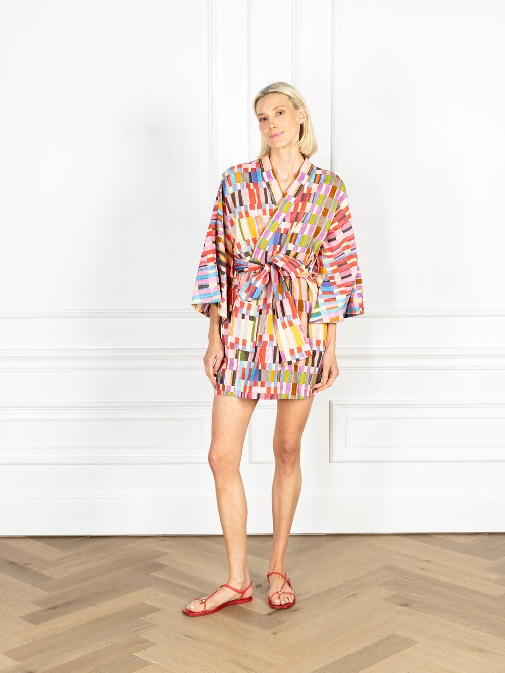 La Vie Style House Painted Grid Cotton Mini Wrap Dress NWT